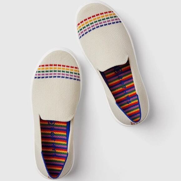 NWB Rothy's Knit Slip On Round Toe Low Top Flat Sneaker White Rainbow Kids 2 - Picture 1 of 15